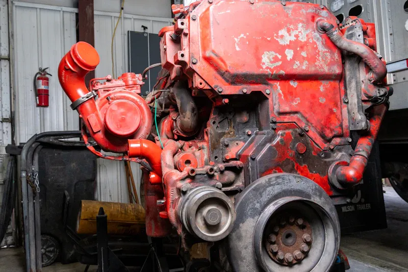 Heavy-duty diesel engine on a stand with the turbocharger and front pulleys exposed during repair.