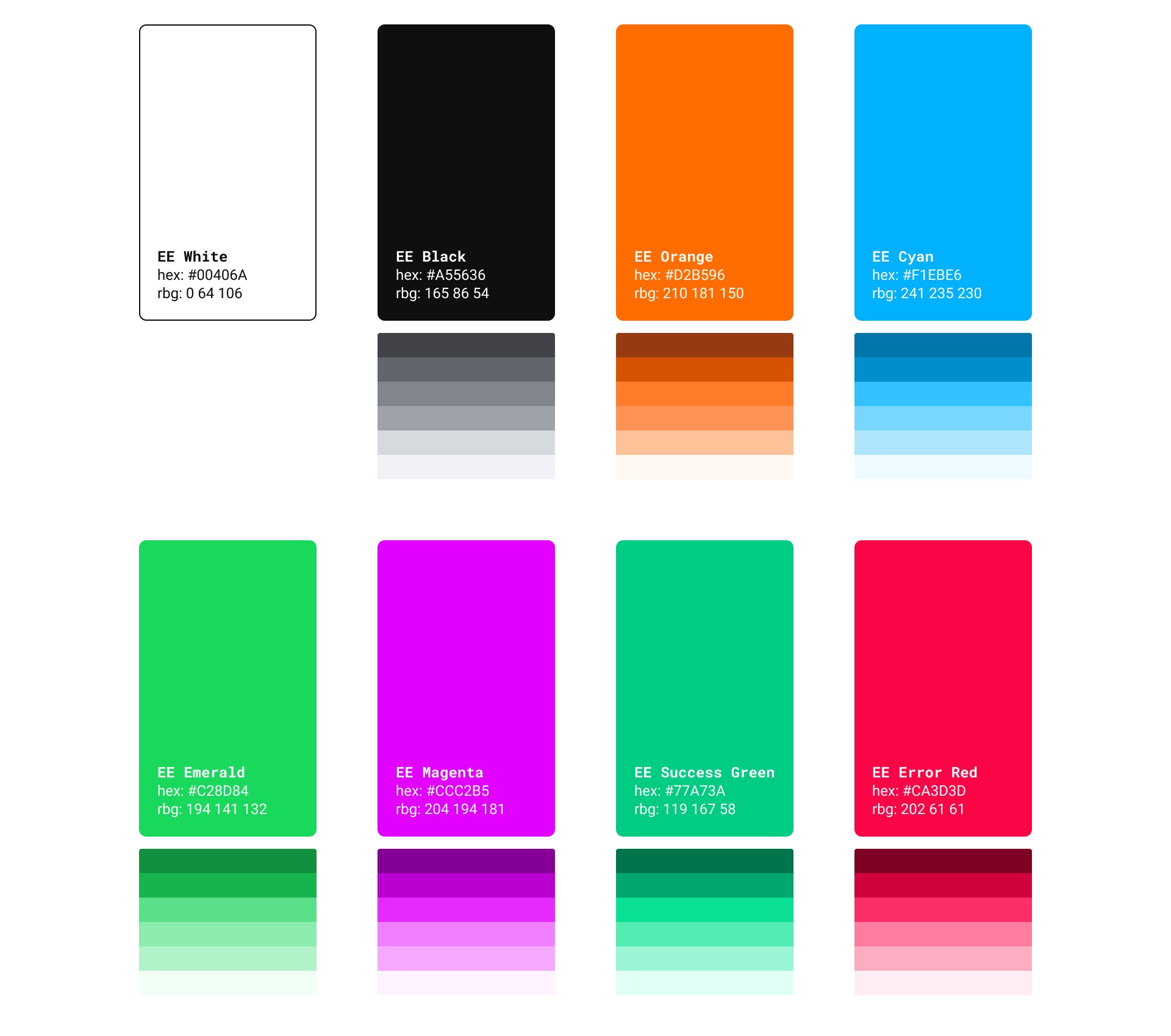Essential Elements colour palette with tints: white, black, orange, cyan, emerald, magenta, green and red