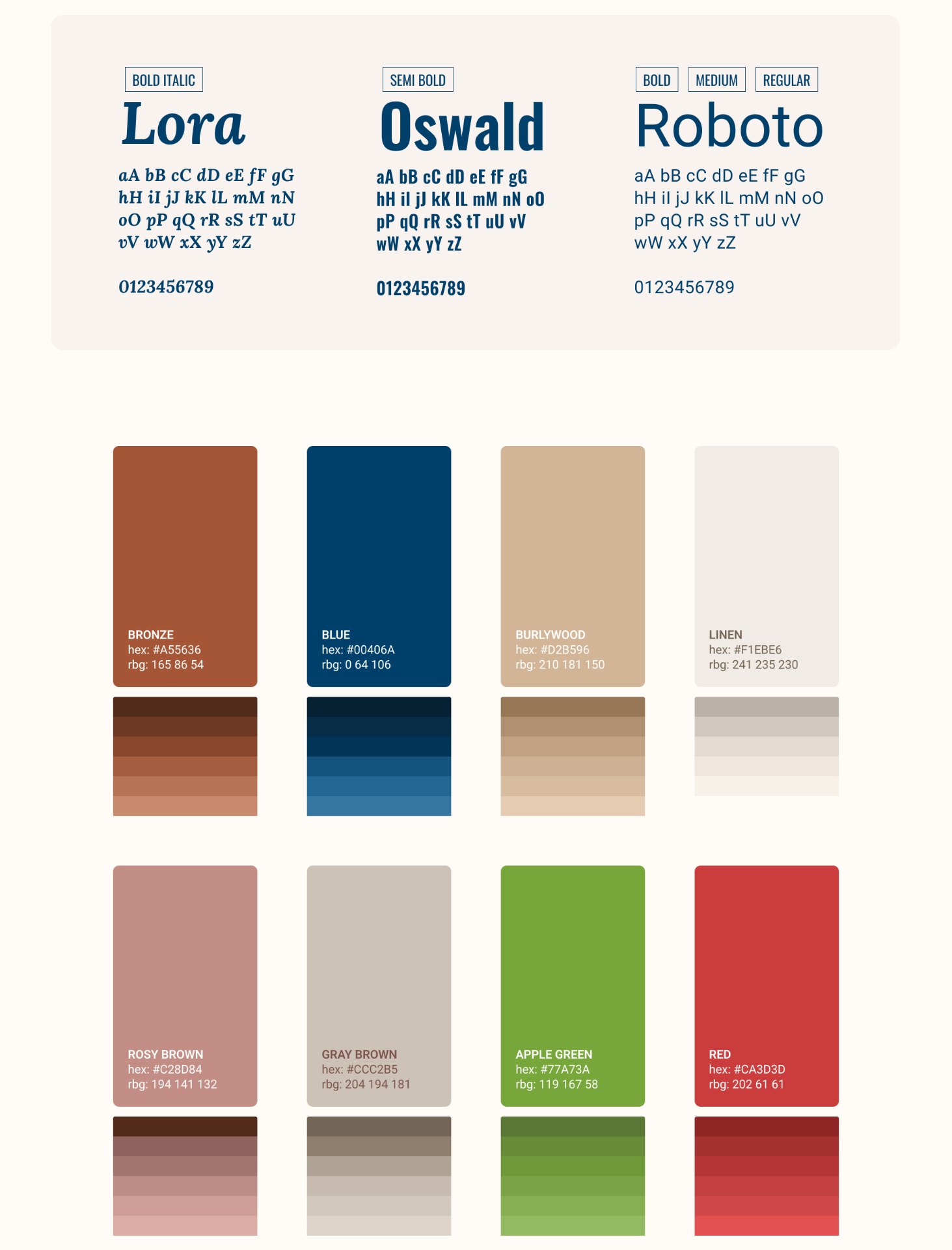 Live Conscious type (Lora, Oswald, Roboto) and earthy colour palette