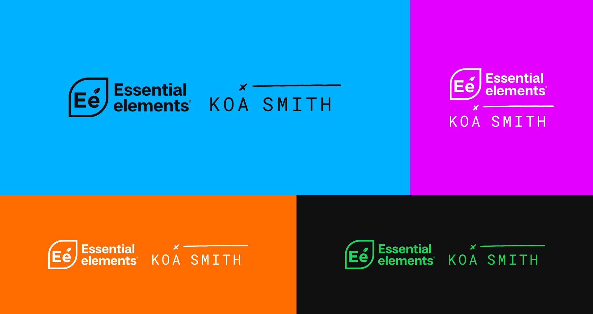 Essential Elements and Koa Smith logo lockups on blue, magenta, orange and black