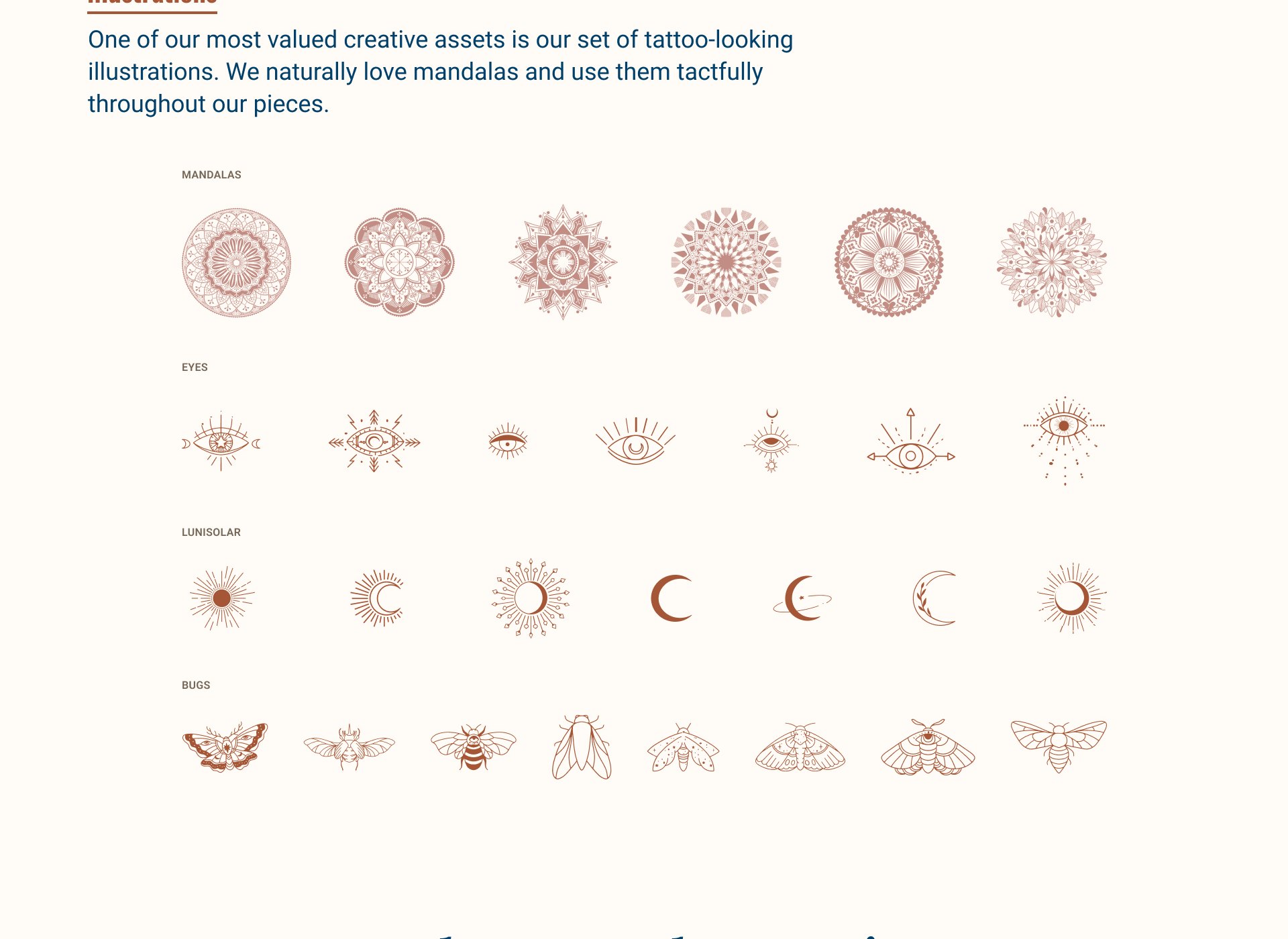 Live Conscious line illustrations: mandalas, eyes, suns and moons