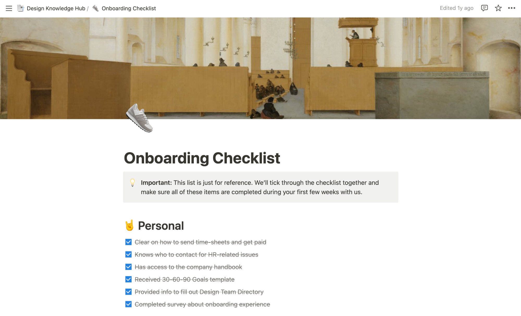 Onboarding Checklist page with personal and operational tasks ticked off