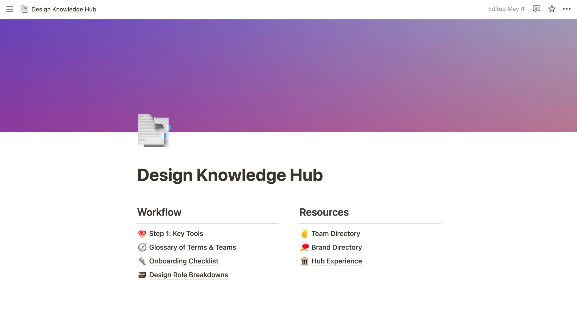 Design Knowledge Hub home page in Notion, with Workflow and Resources links