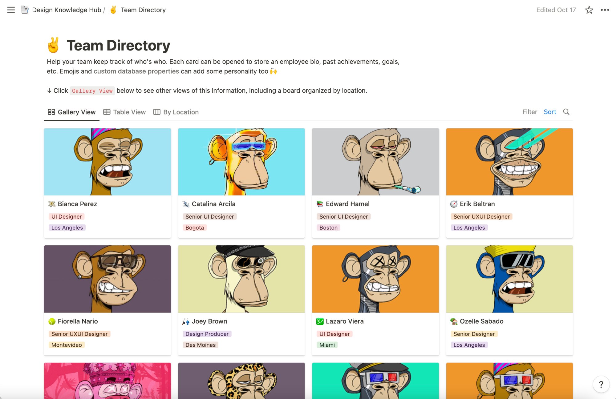 Team Directory: a gallery of designer profiles, each with a cartoon ape avatar, role and city
