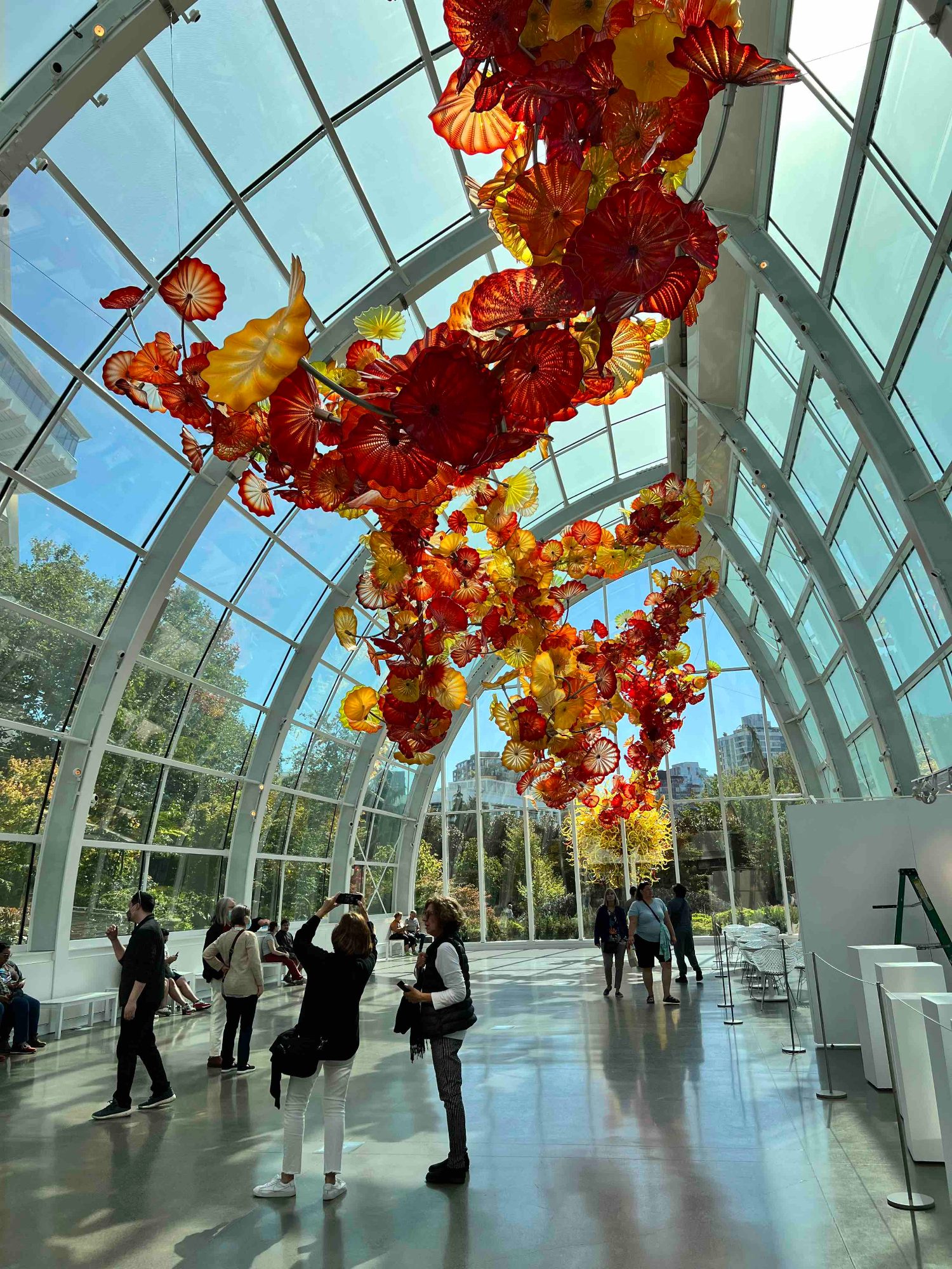 A red and yellow Chihuly glass sculpture hanging in a glasshouse