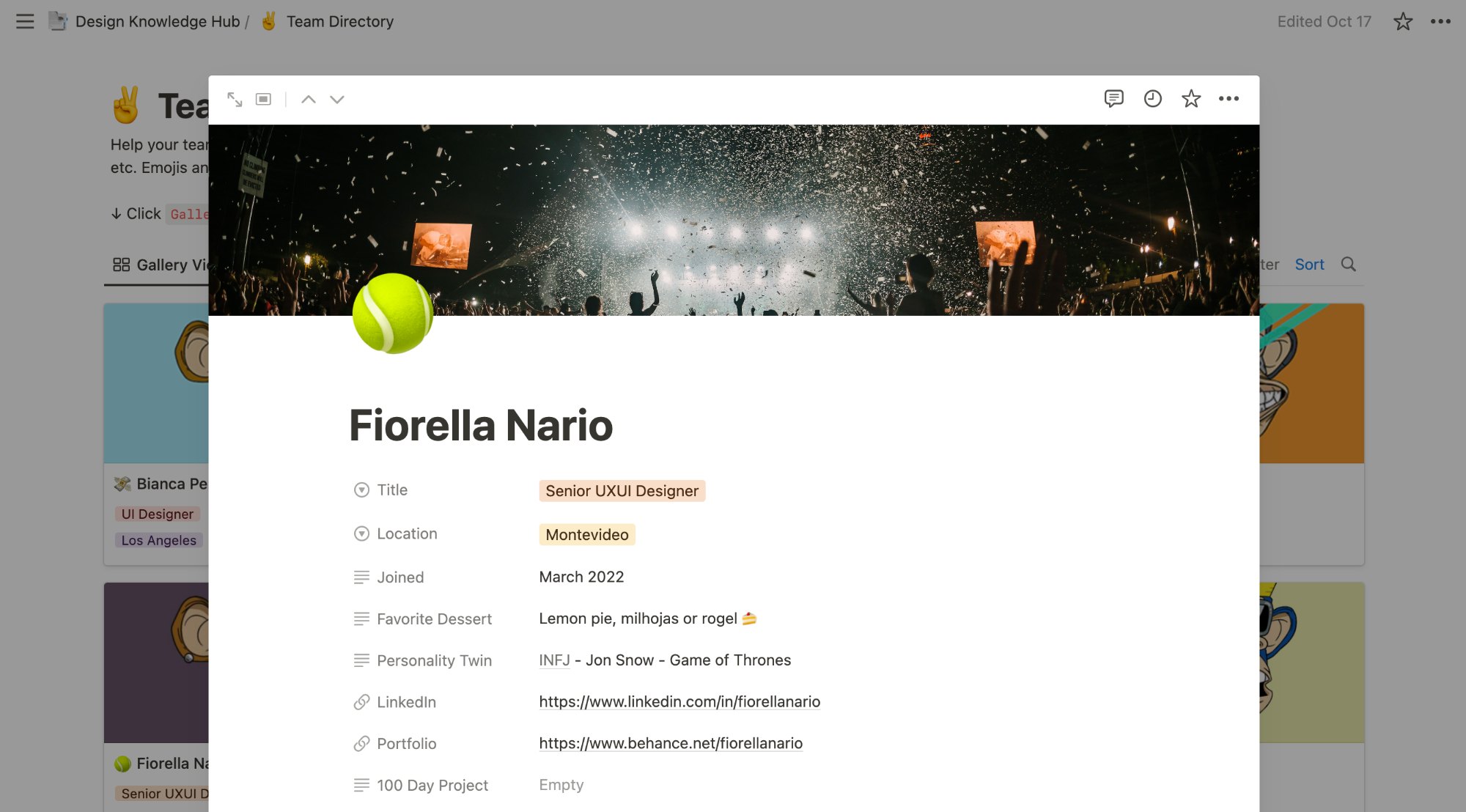 Fiorella Nario's profile card open in the Team Directory: title, location, start date, favourite dessert and links