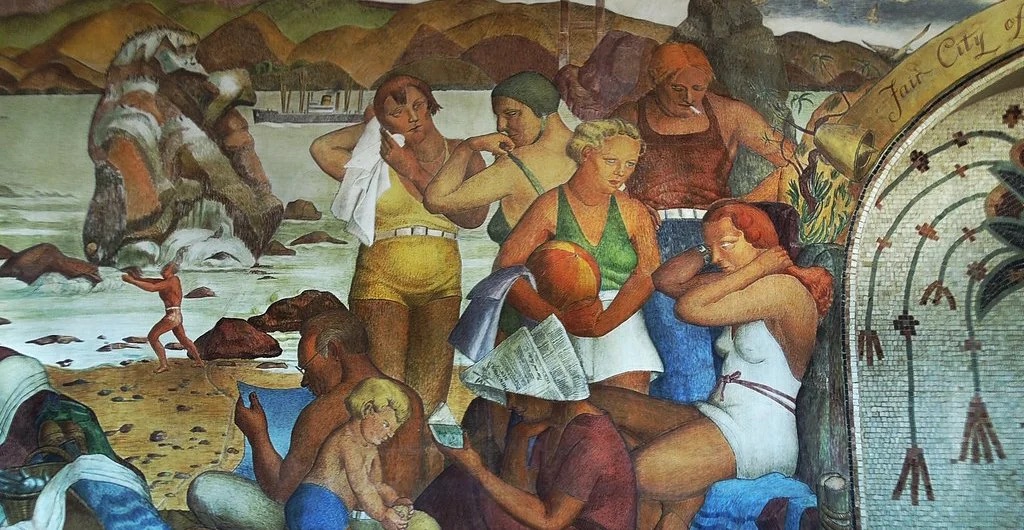 Detail of the Labaudt fresco in the Beach Chalet lobby: bathers in 1930s swimsuits resting on a beach, with rocks and the sea behind them and a mosaic archway at the right edge