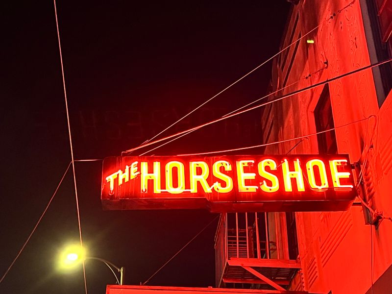 The Horseshoe, a red neon sign glowing in the dark above a street, with a streetlamp below it