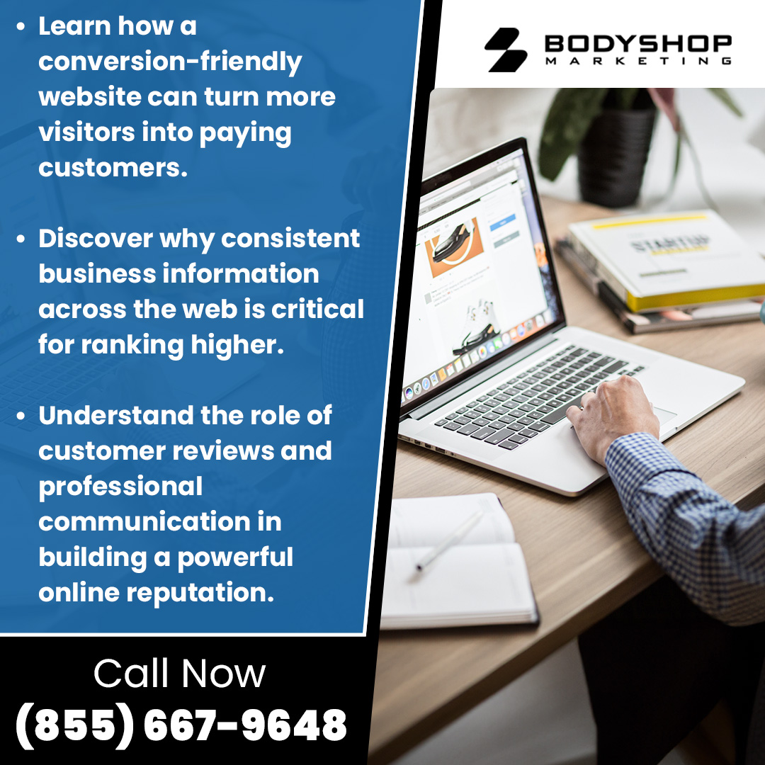 Person working on website optimization and local SEO strategy for auto body shop marketing