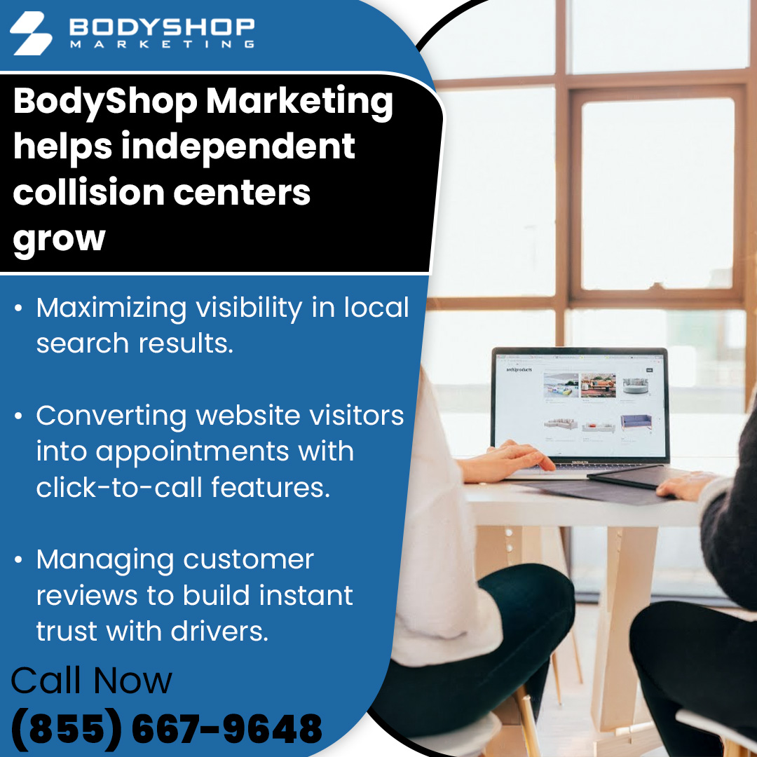 Marketing benefits for collision centers including local search visibility, click-to-call features, and review management