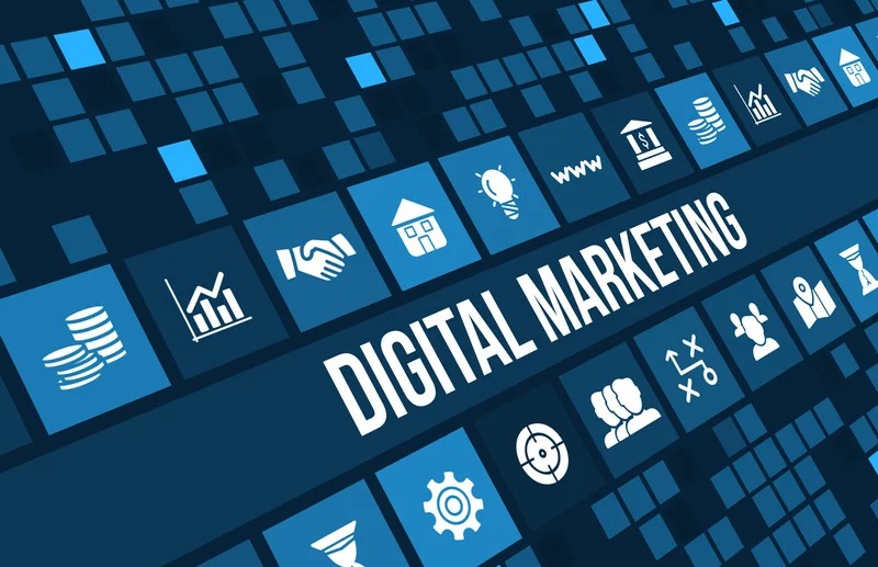 Digital Marketing concept image with business icons and copyspace.