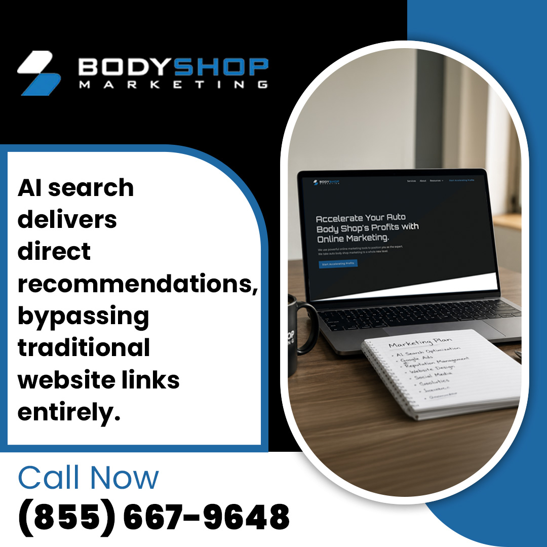 Graphic from BodyShop Marketing explaining how AI search bypasses traditional links, showing a laptop and planner.