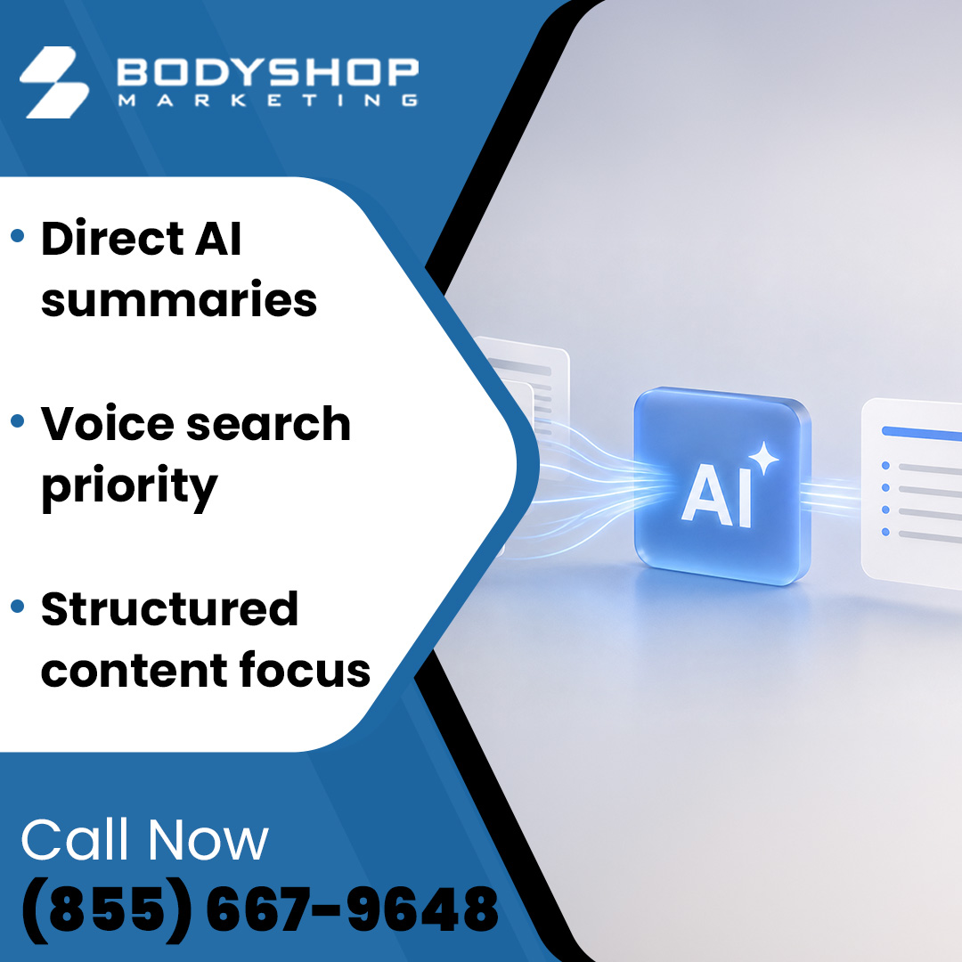 Infographic from BodyShop Marketing listing AI search priorities, featuring a glowing blue AI icon.