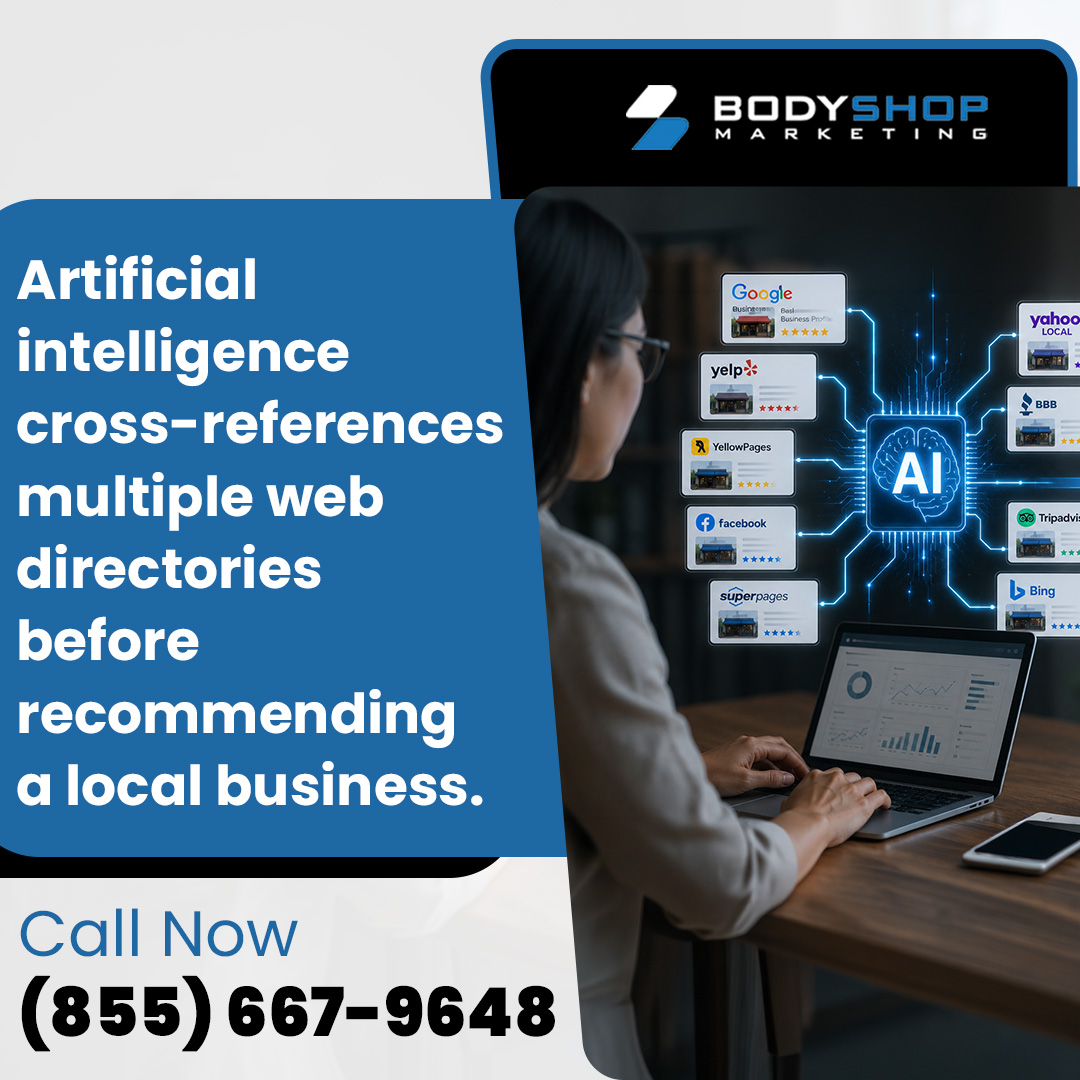 An advertisement showing AI cross-referencing business directories like Google, Yelp, and Facebook to recommend a local shop.