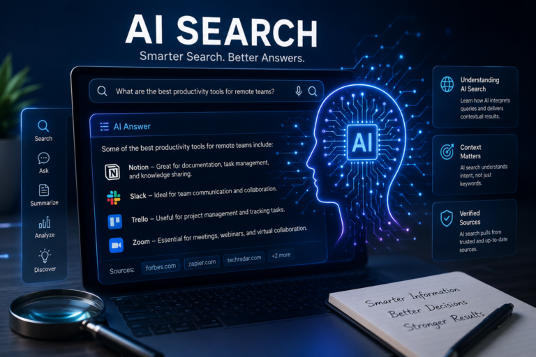 A laptop screen displaying a generative AI search answer highlighting tools like Notion and Slack with sourced citations