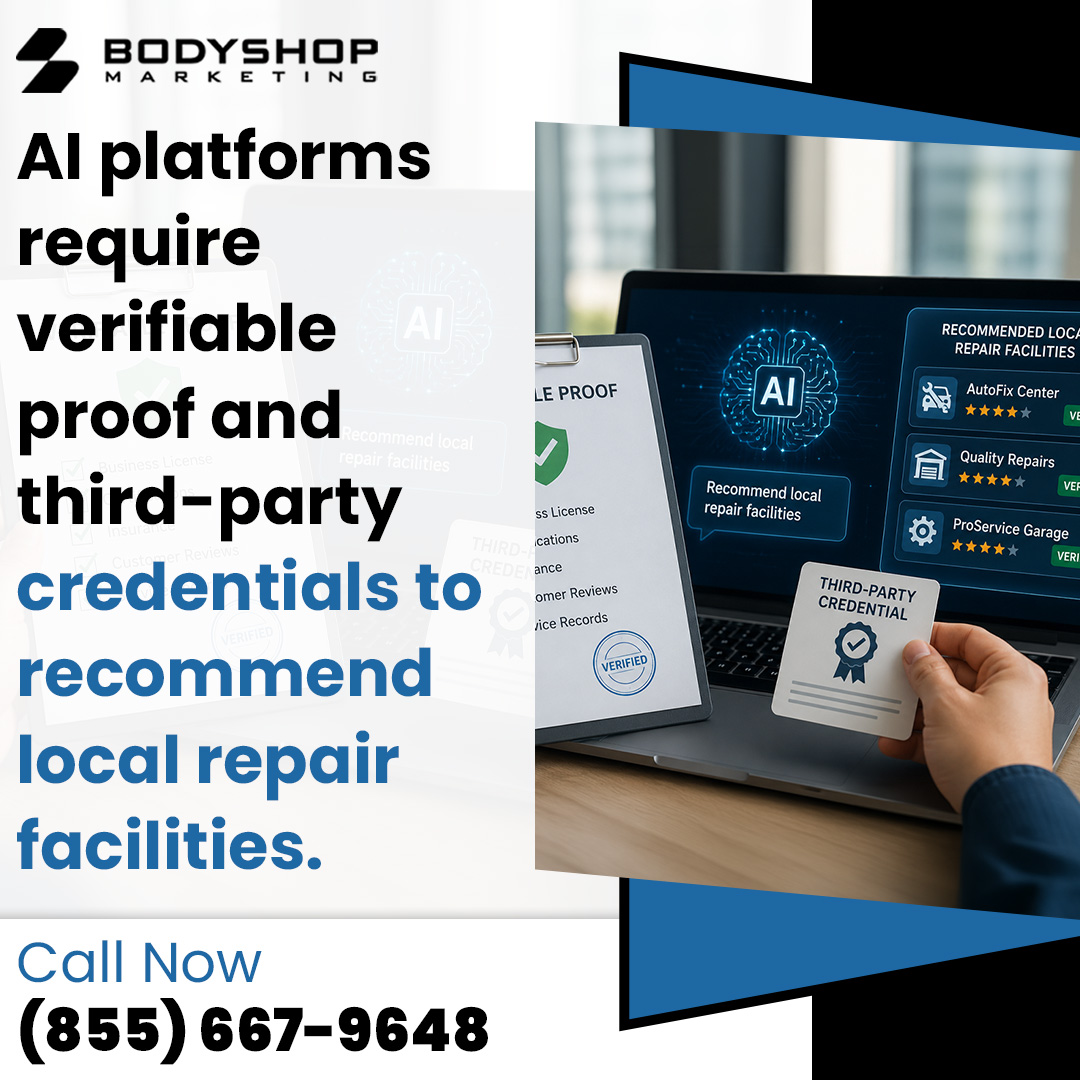 An advertisement illustrating how AI platforms require third-party credentials to recommend local auto repair shops.