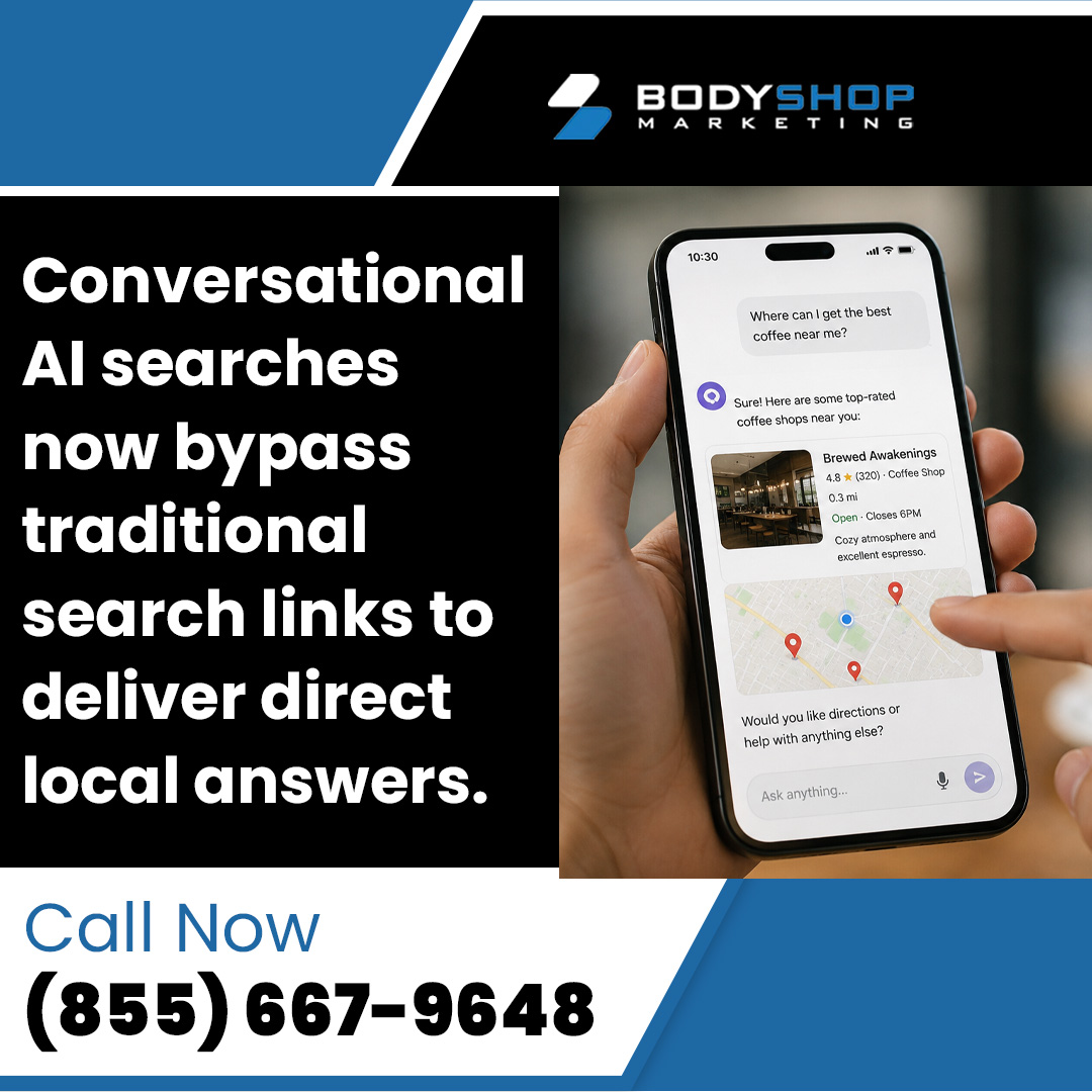 A hand holding a smartphone displaying an AI conversational search response with local business recommendations and map pin locations.