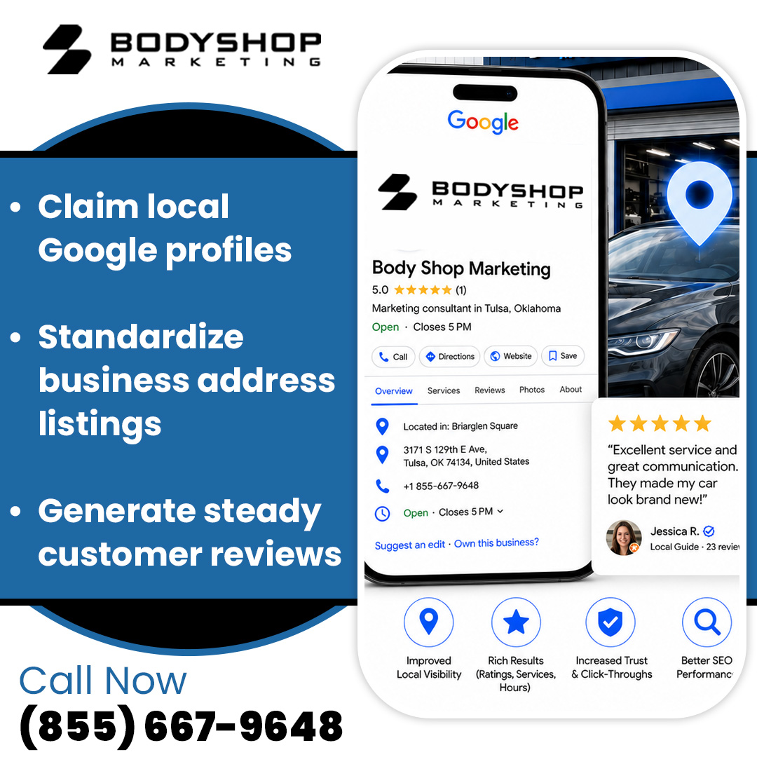 A smartphone displaying an optimized Google Business Profile for Body Shop Marketing alongside customer reviews, map location icons, and local SEO benefit indicators.