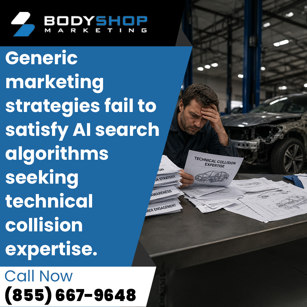 A stressed auto body shop owner reviewing marketing strategy papers and collision diagrams in a repair bay.