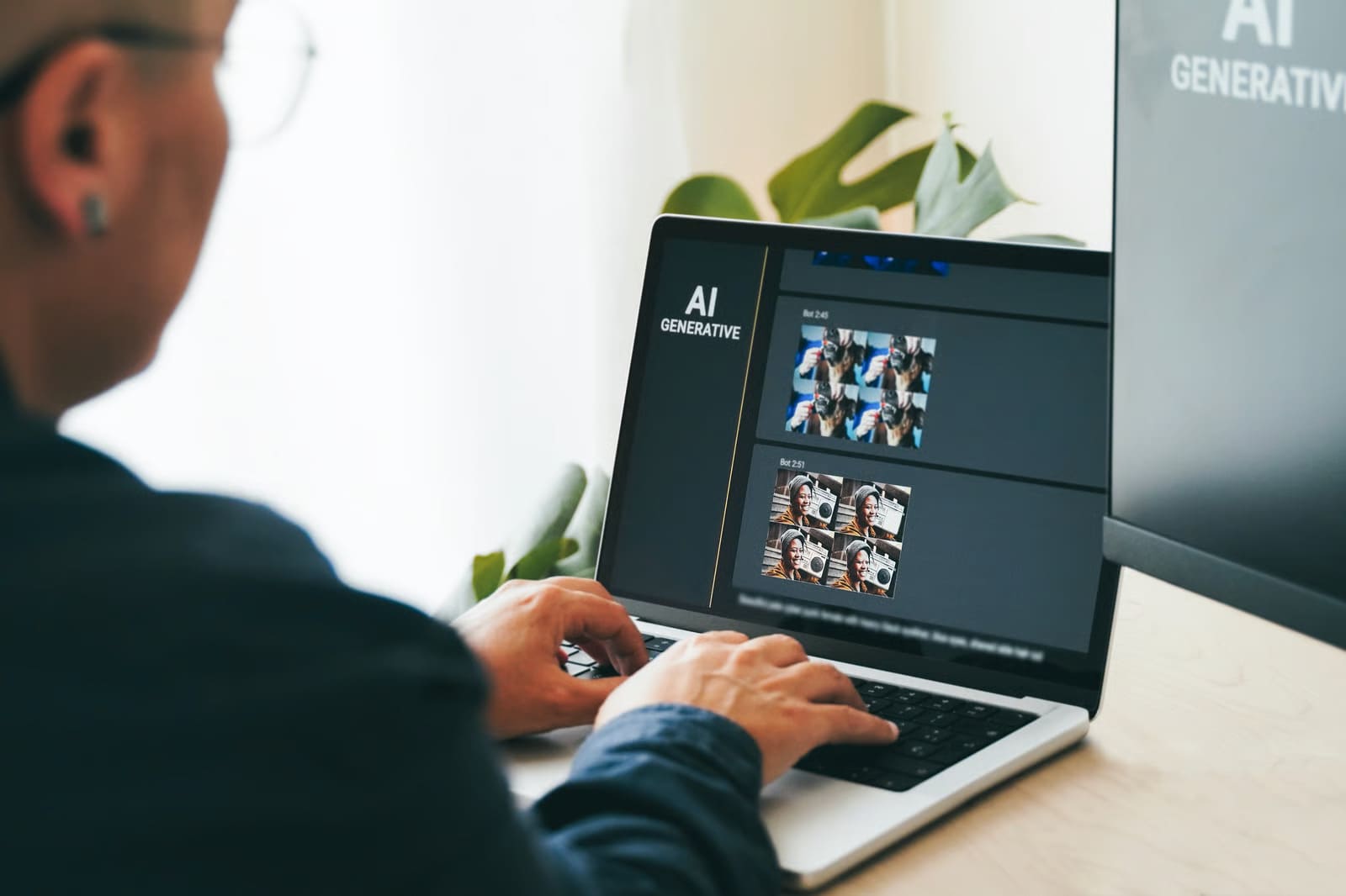 A creator typing on a laptop displaying a generative AI photo editing application and generated image batches.