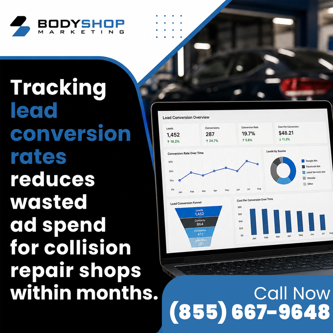 Laptop screen displaying a lead conversion overview dashboard with metrics, funnel data, and conversion charts inside an auto collision repair garage.