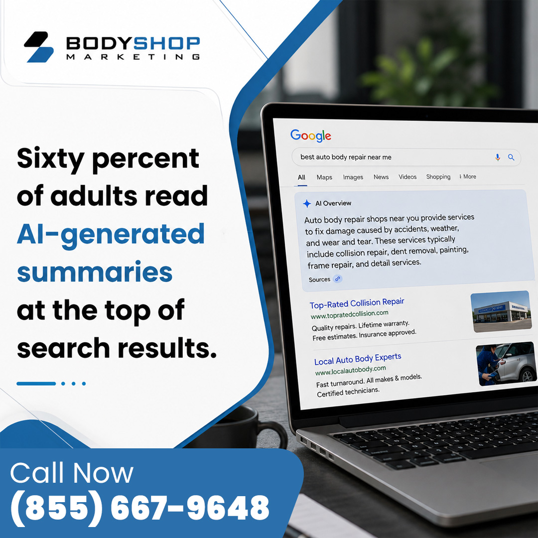 Laptop displaying a Google search result for local auto body repair featuring an AI Overview summary and top collision shop listings.