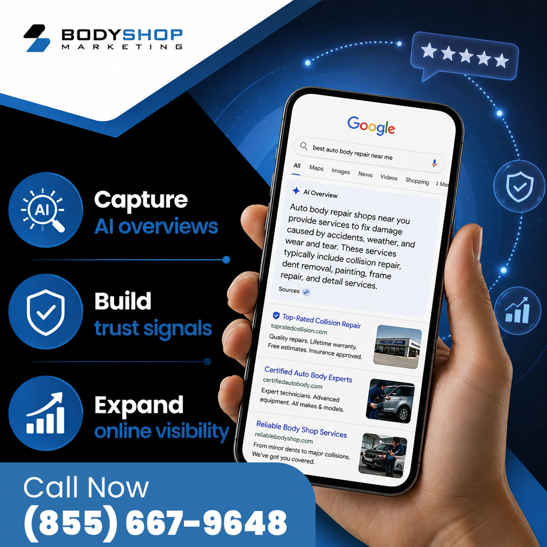 Hand holding a smartphone displaying Google search AI Overviews and top organic listings for local auto body repair shops.