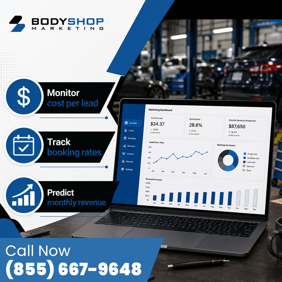 Laptop displaying a digital marketing analytics dashboard showing cost per lead, booking rates, and monthly revenue projections in an auto body shop setting.