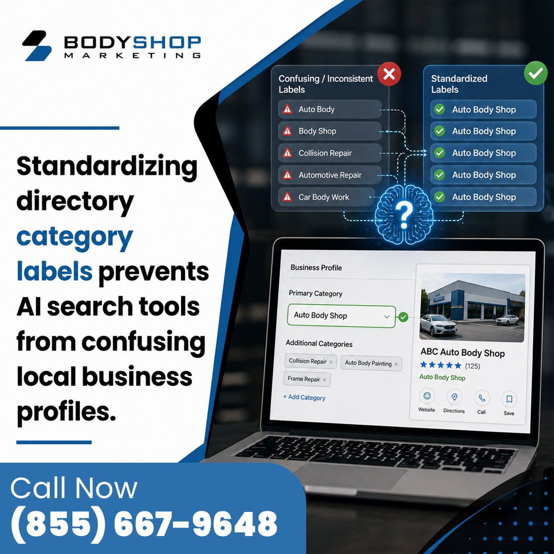 Laptop screen showing local business profile optimization with consistent category labels, comparing confusing and standardized auto body shop directory listings.