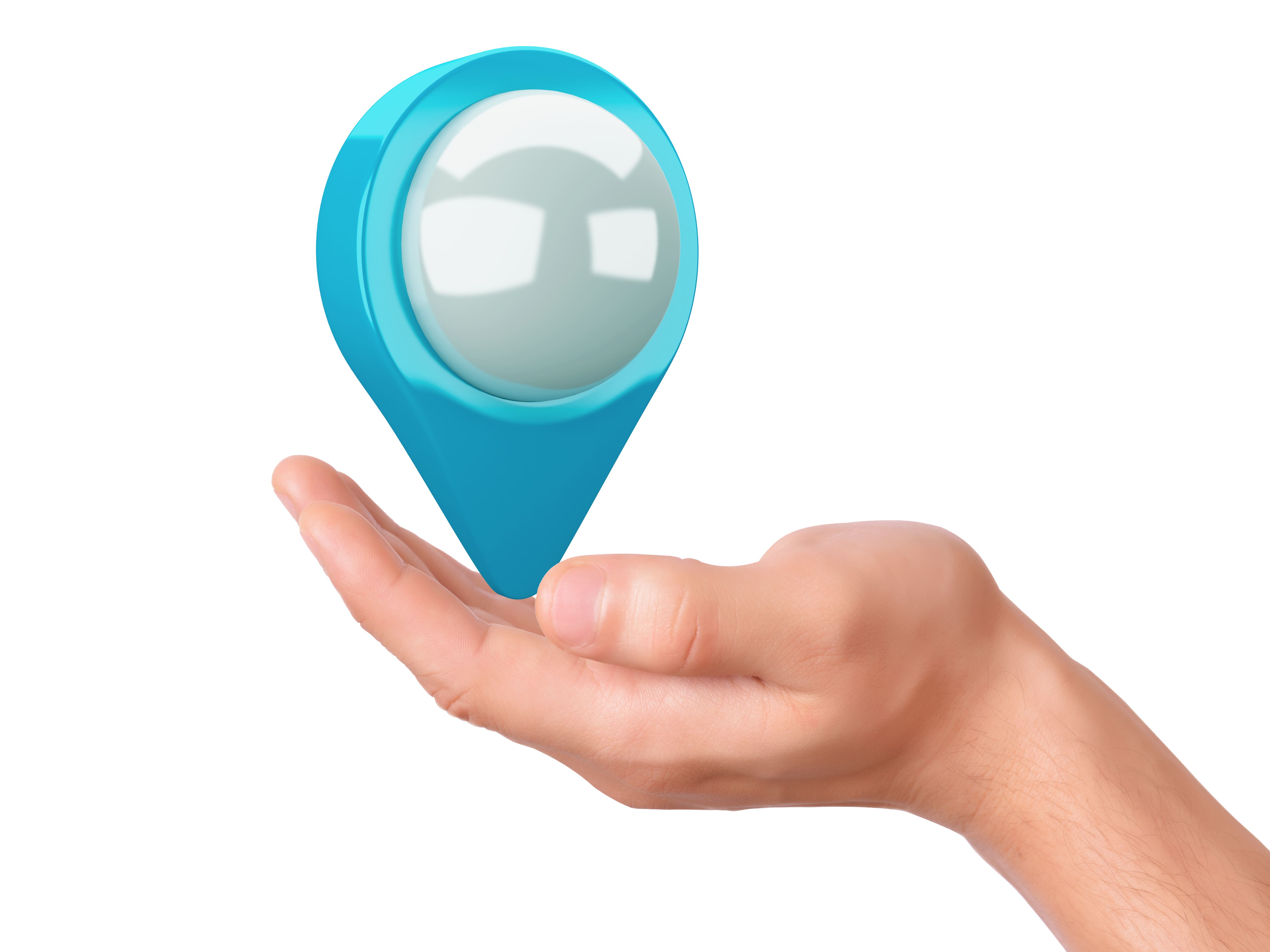 Open hand holding a large glossy cyan and white 3D map pin location marker against a white background.