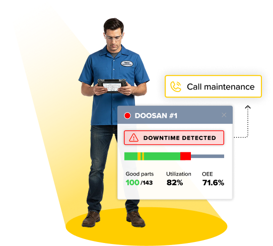 A technician in a blue uniform holding a tablet with an alert popup showing Doosan #1 downtime detected, 100 out of 143 good parts, 82% utilization, and 71.6% OEE, and a button to call maintenance.