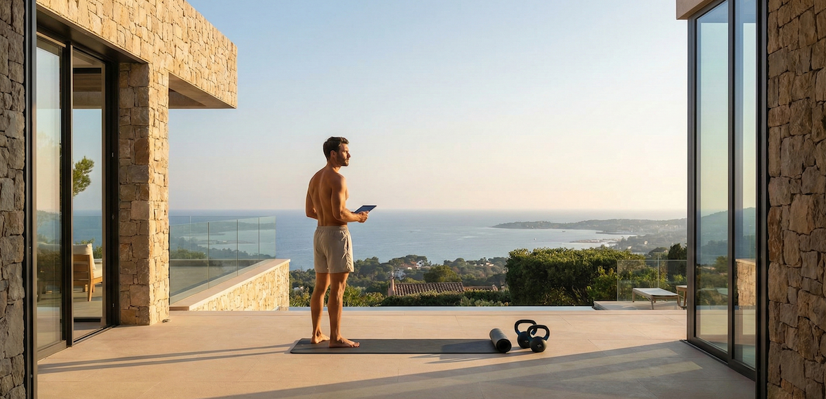 Homme torse nu en short tenant une tablette debout sur un tapis de yoga sur une terrasse surplombant la mer au coucher du soleil.