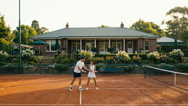 Un homme enseigne le tennis à une femme sur un court en terre battue devant une grande maison en briques avec un jardin.