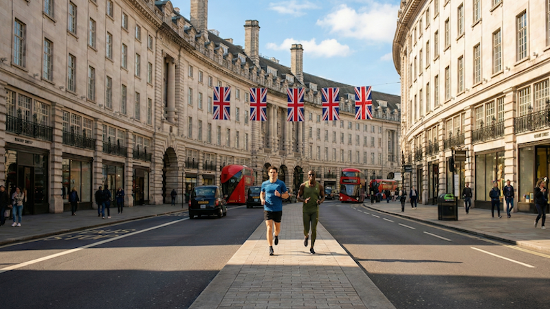 Deux hommes font leur jogging dans une large rue bordée de bâtiments historiques et de drapeaux britanniques, avec des bus rouges à impériale en arrière-plan.