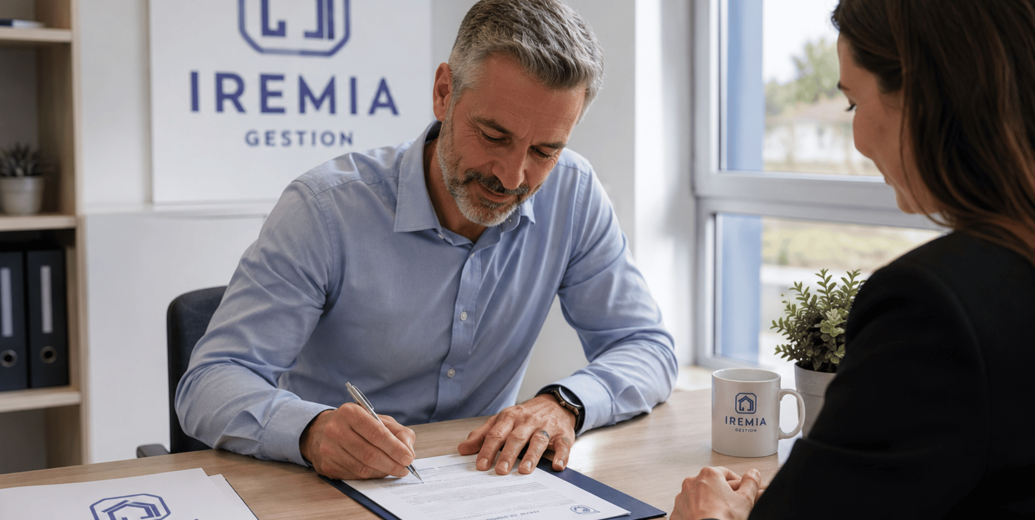 propriétaire bailleur entrain de signer un mandat de gestion locative