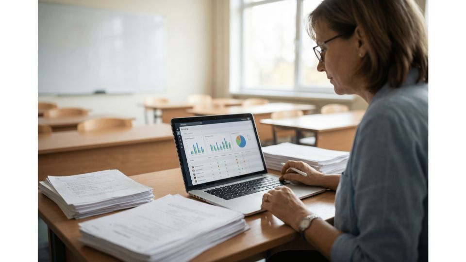 Mitarbeiterin im Gesundheitswesen arbeitet am Computer.
