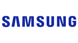 Samsung logo in blue capital letters.