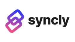 Syncly brand logo with interlocking gradient shapes and black text.