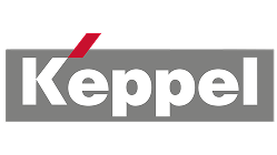 Keppel logo with bold white text and a red accent above the letter K on a gray background.