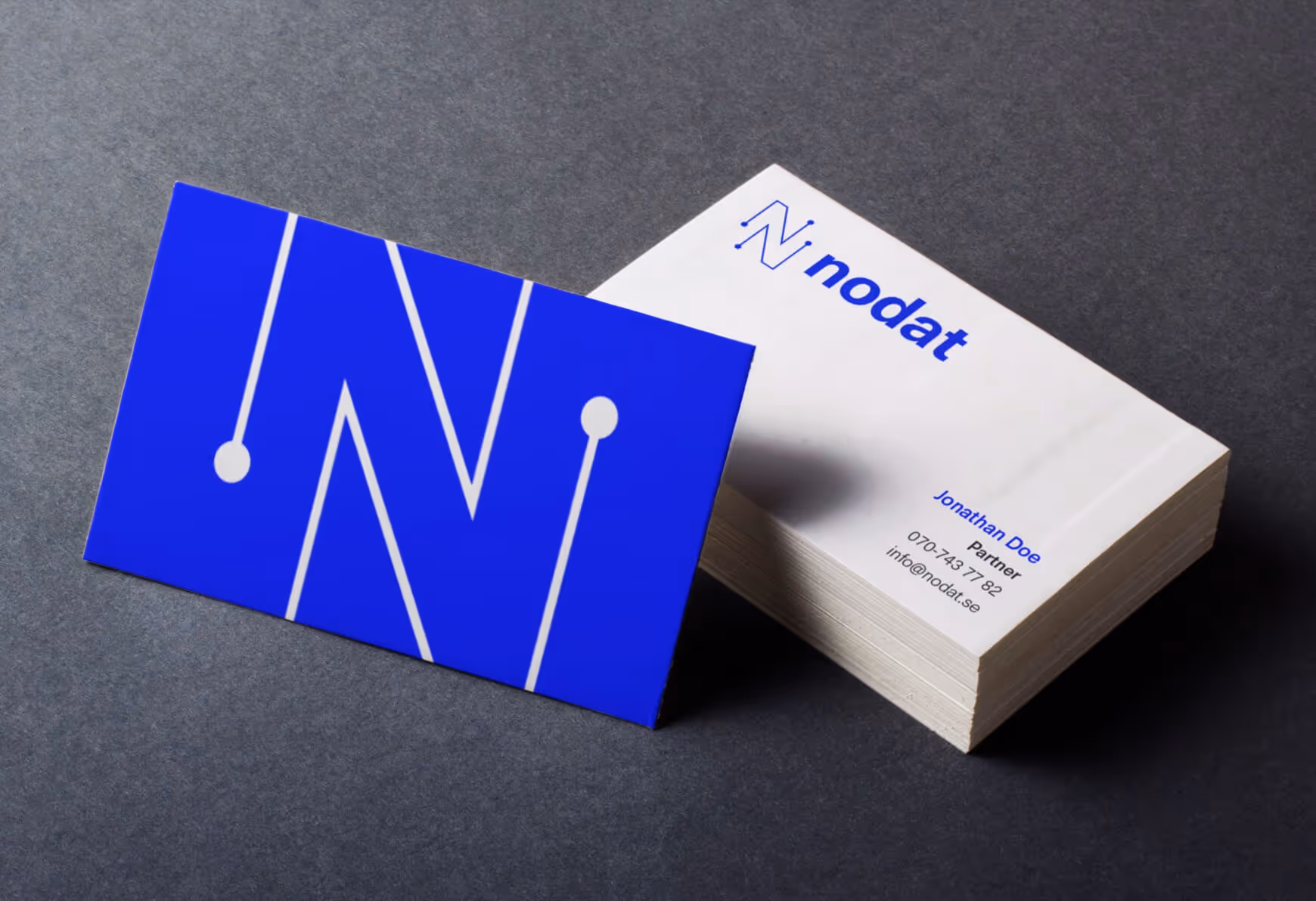 A picture on a pile with business cards form the company Nodat