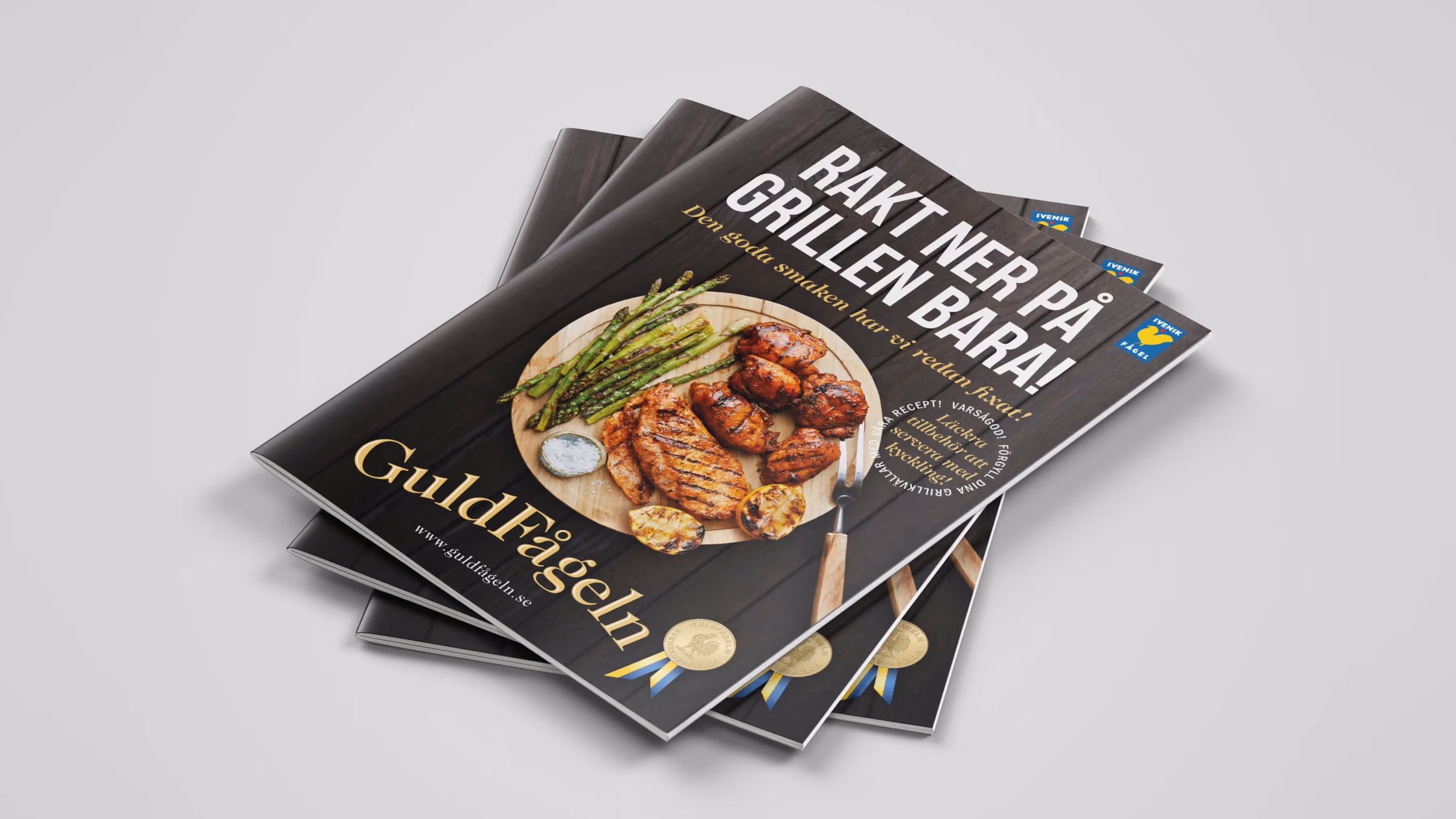 Magazines laying on top of each other with the text "straight to the grill" from Guldfågeln.