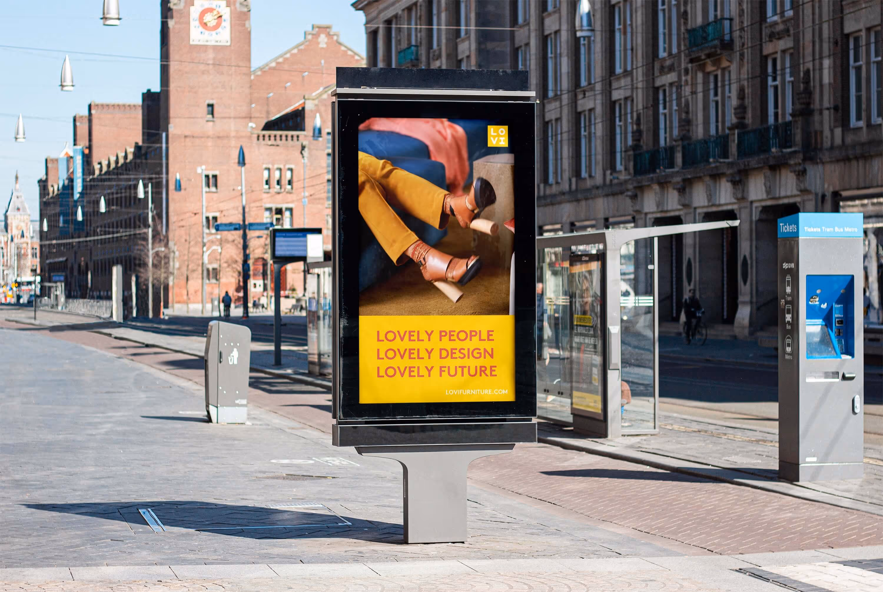 A ad sign on a busstop with an ad from LOVI