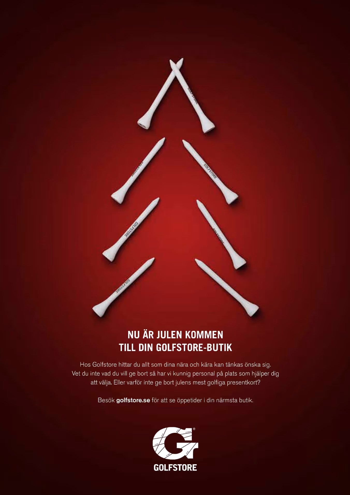 An ad from Golfstore with a Christmas tree made from golf pegs
