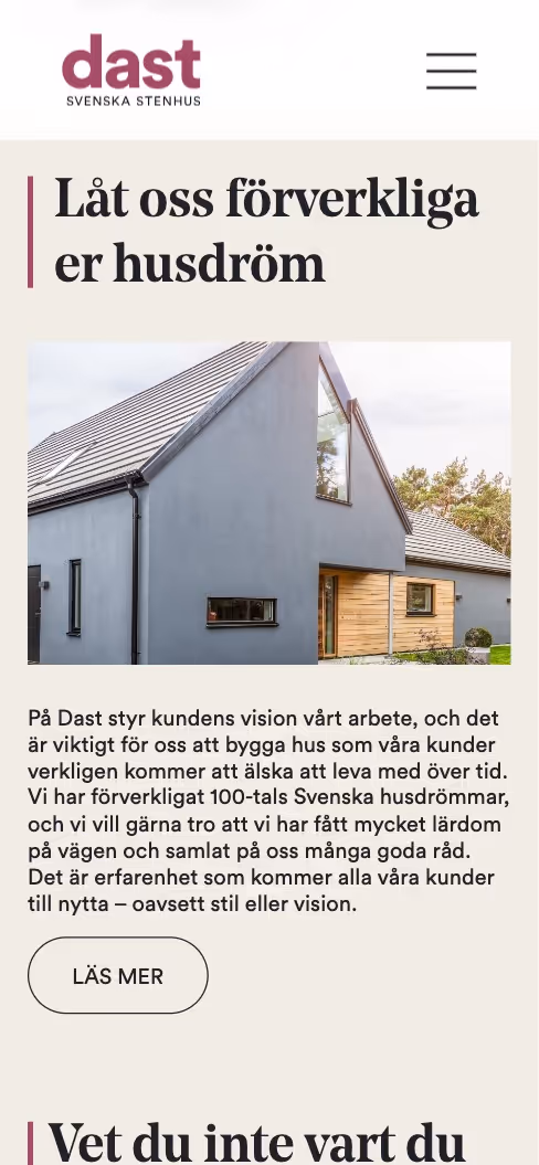 Screenshot of the mobile version of the website dast.se