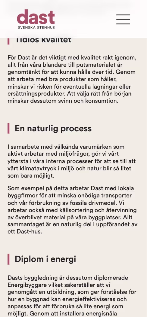 Screenshot of the mobile version of the website dast.se