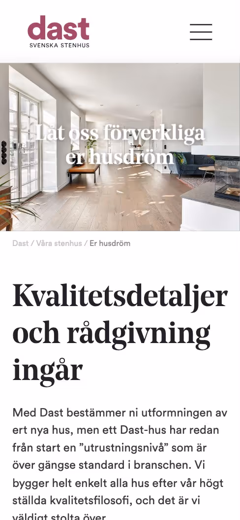Screenshot of the mobile version of the website dast.se