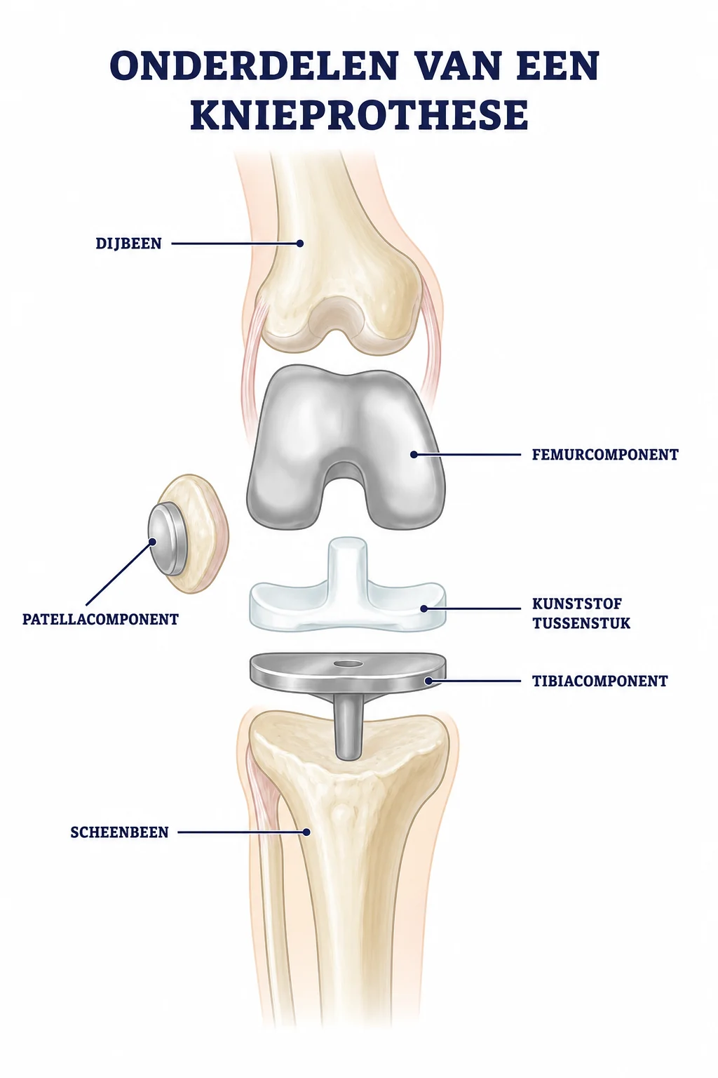 Illustratie van de losse onderdelen van een totale knieprothese: het metalen deel op het dijbeen, het kunststof tussenstuk en het metalen deel op het scheenbeen
