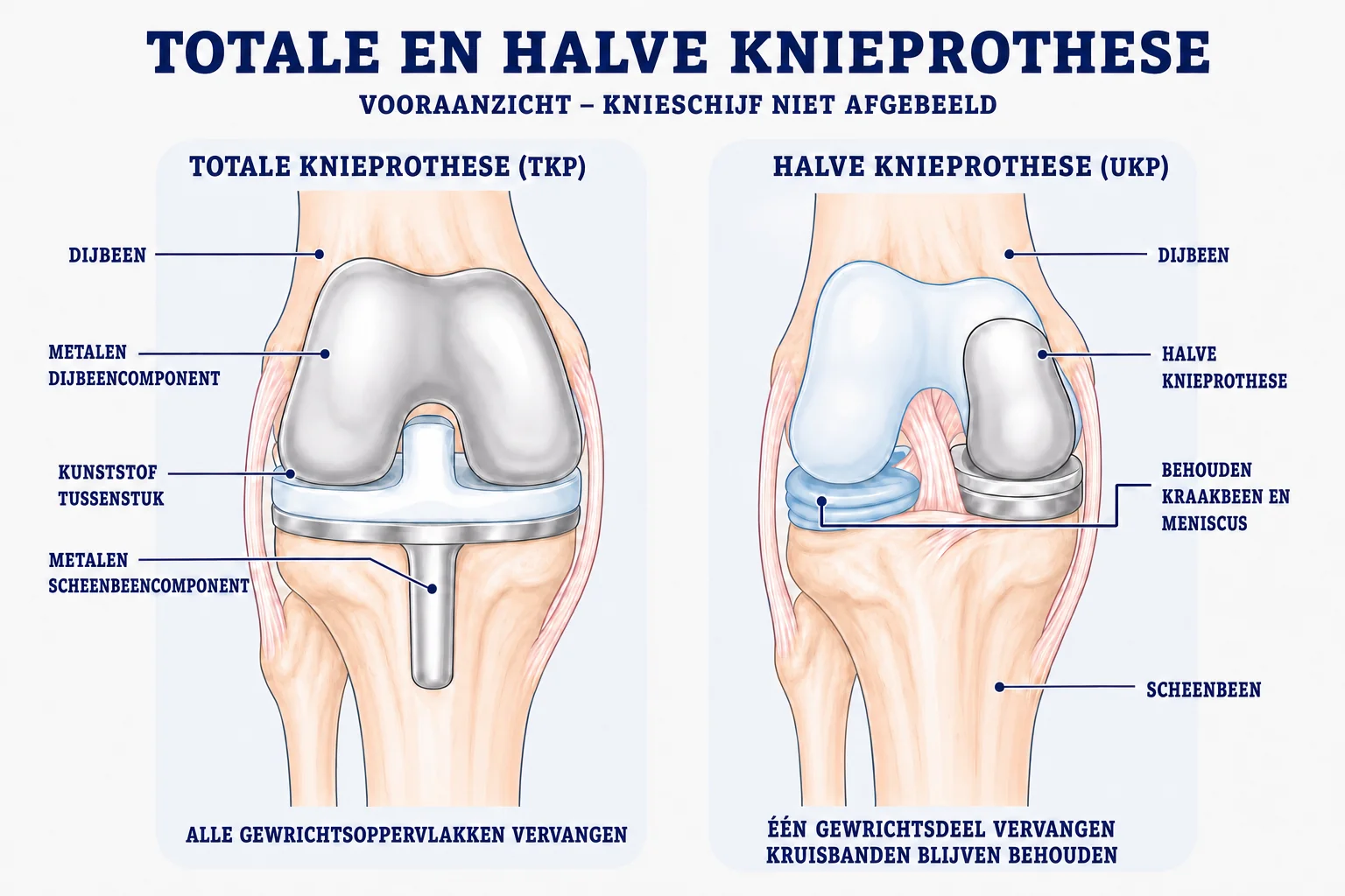 Illustratie van een totale knieprothese en een halve knieprothese naast elkaar, met aanduiding van welke delen van de knie vervangen worden en welke blijven