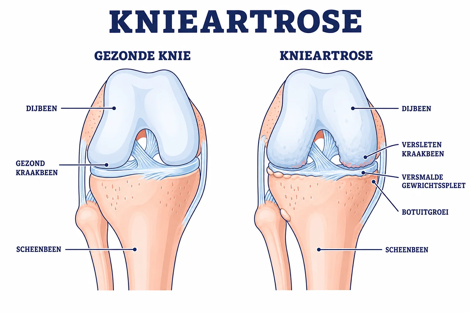 Vergelijking van een gezonde knie met een knie met versleten kraakbeen door artrose