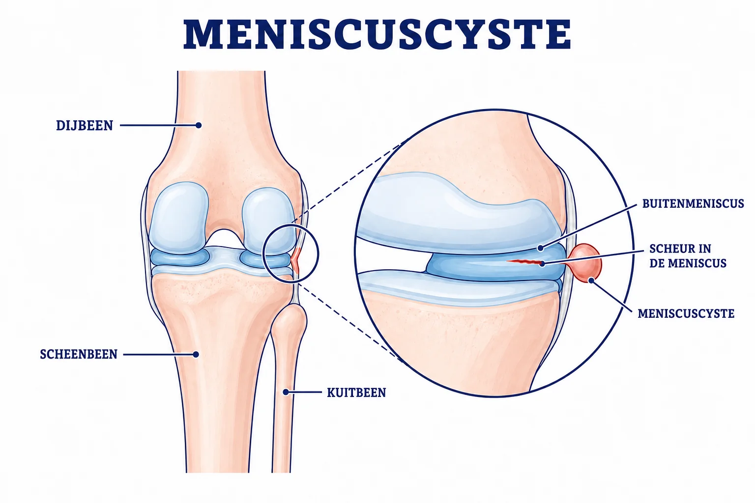 Illustratie van een meniscuscyste naast een scheur ter hoogte van de gewrichtsspleet